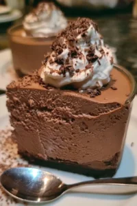 Decadent chocolate mousse dessert topped with chocolate shavings
