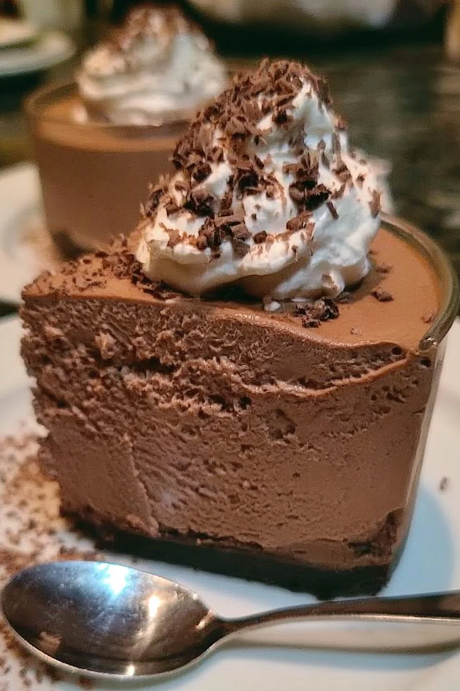 Decadent chocolate mousse dessert topped with chocolate shavings
