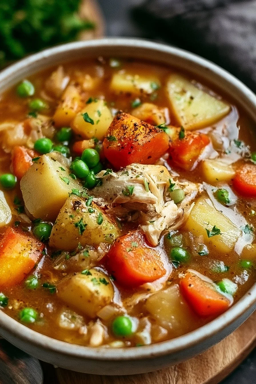 Bowl of delicious chicken vegetable stew with vibrant vegetables