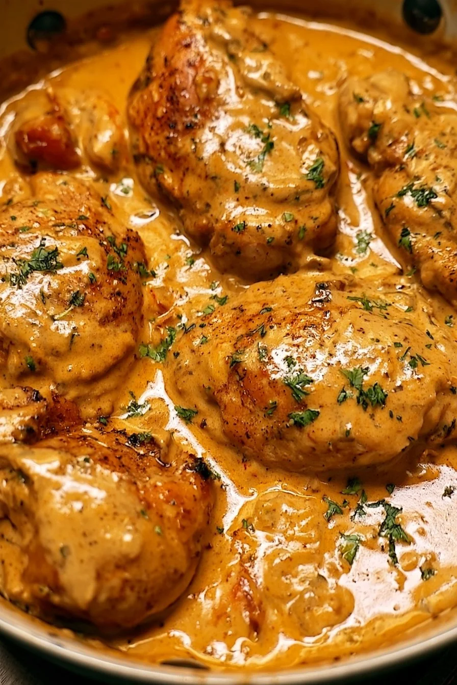 Plate of delicious Southern smothered chicken with gravy and sides