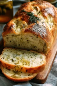 Loaf of homemade dill pickle bread with pickles and herbs