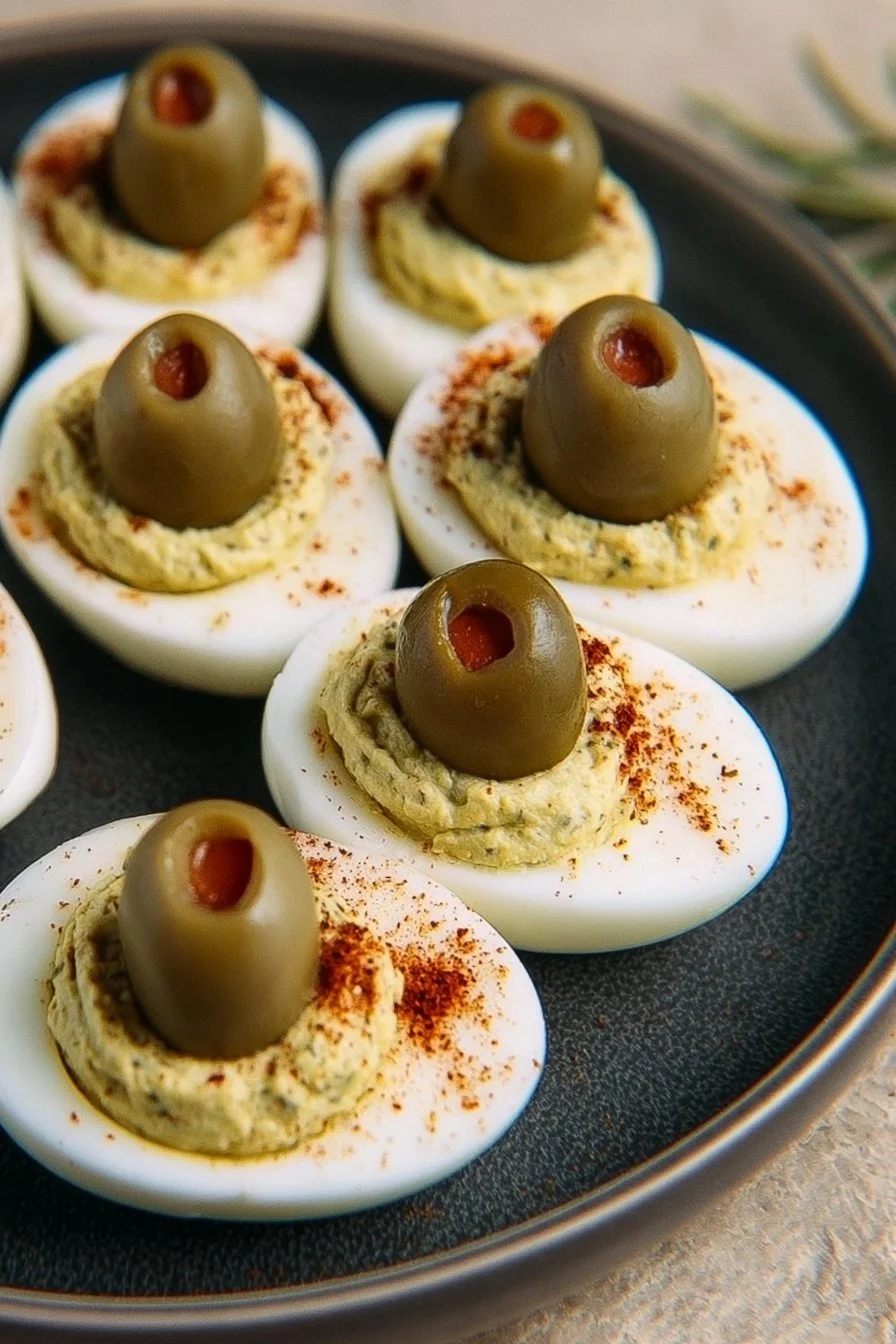 Home 54 Plate of Dirty Martini Deviled Eggs topped with olives and herbs