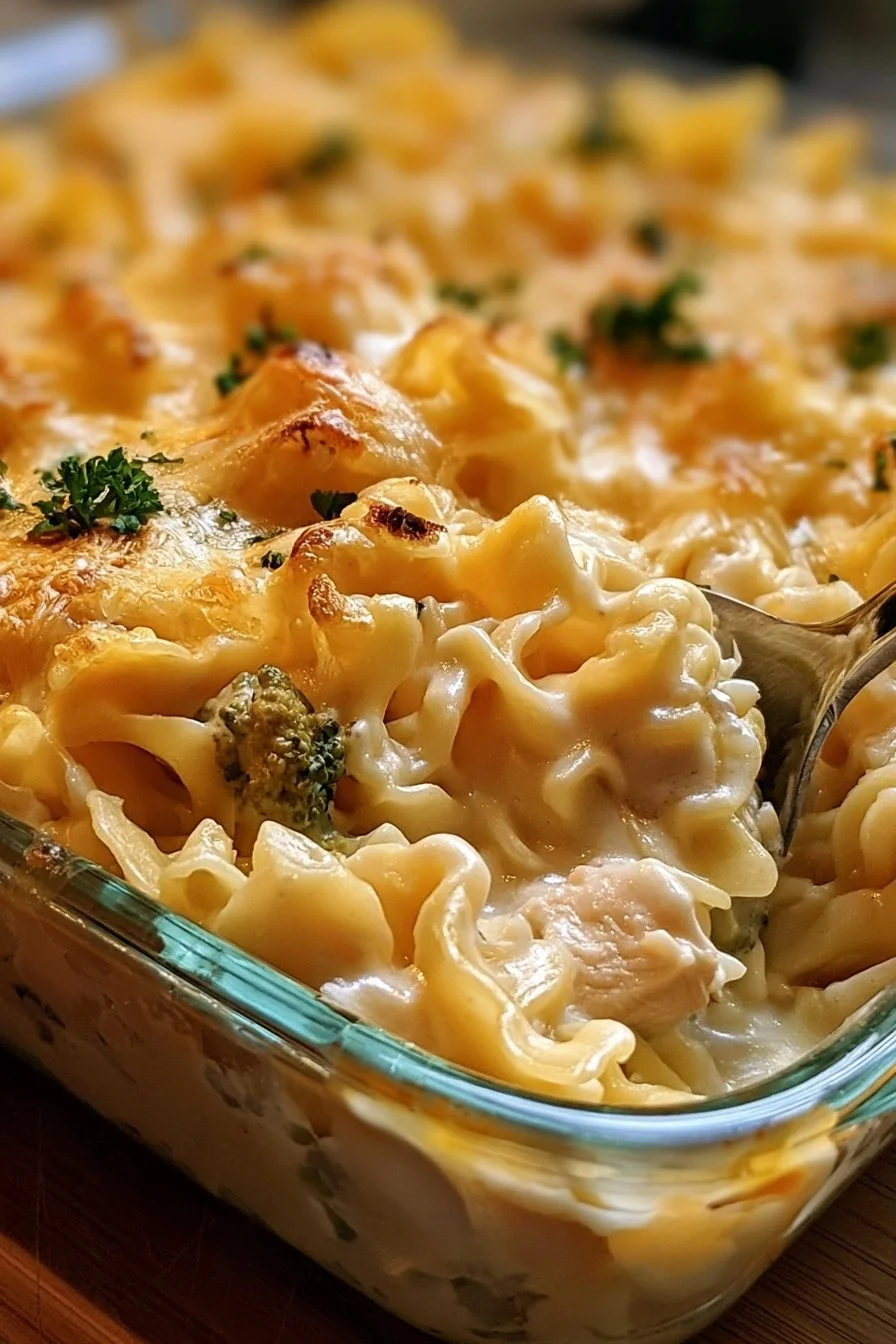 Dolly's creamy chicken noodle casserole baked in a casserole dish.