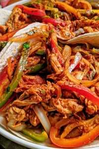 Crockpot Chicken Fajitas Dinner ready to serve, colorful with peppers and spices