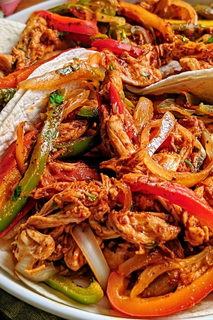 Crockpot Chicken Fajitas Dinner ready to serve, colorful with peppers and spices