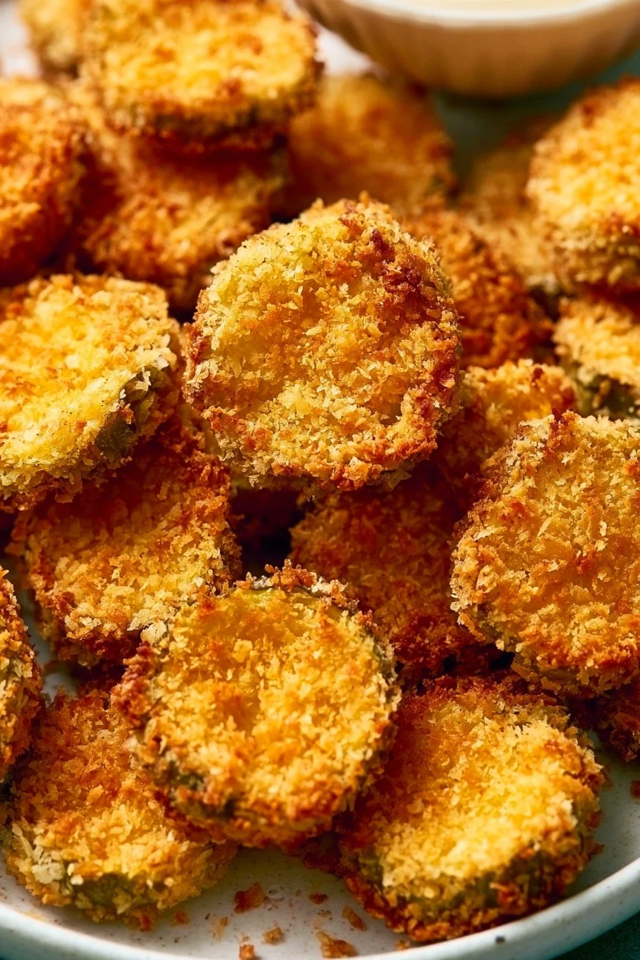 Crispy air fryer fried pickles served with a dipping sauce
