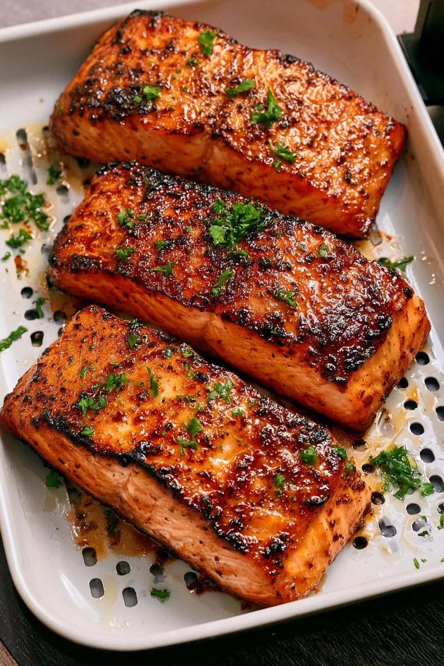 Brown Sugar Air Fryer Salmon 4 Cooked air fryer salmon served with vegetables on a plate
