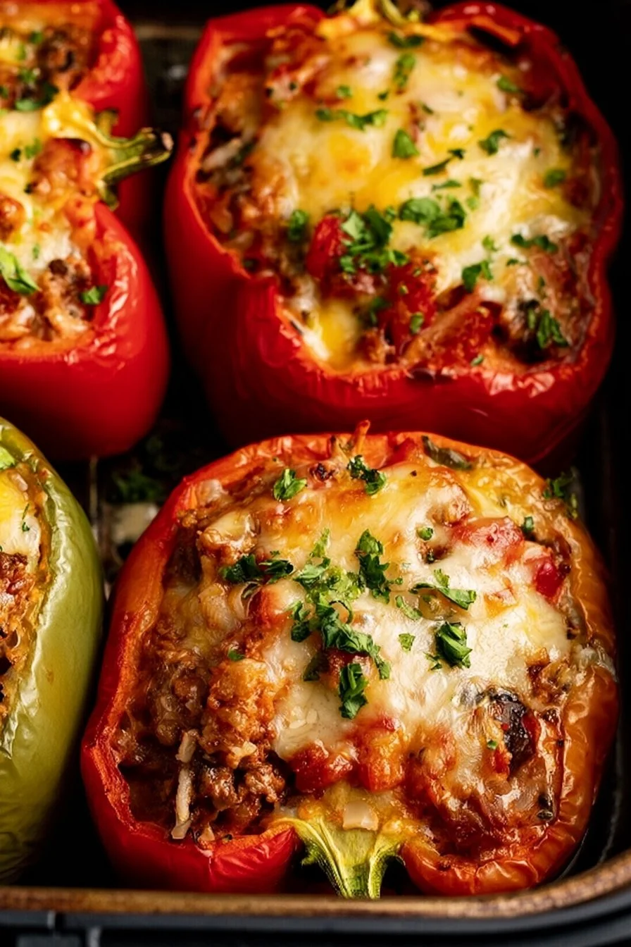 Easy air fryer stuffed peppers recipe with colorful peppers and filling ingredients