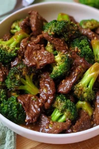 Delicious beef and broccoli stir fry served on a plate