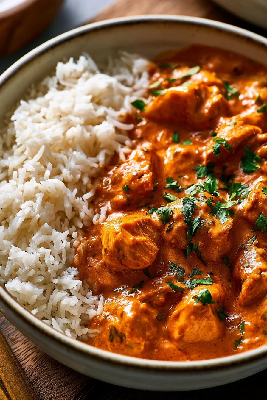 Dish of easy butter chicken served with rice and garnish
