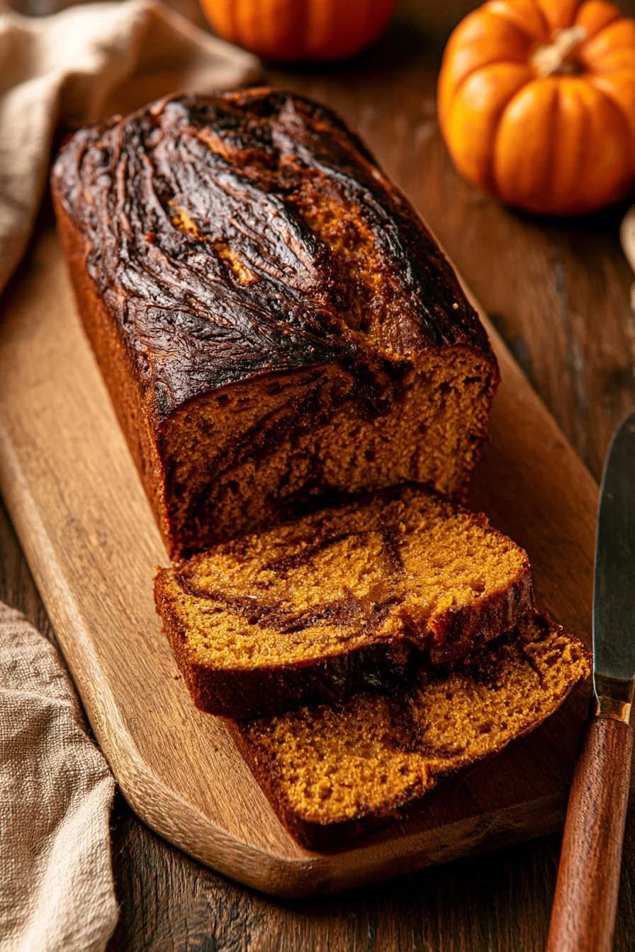 Moist and delicious cake mix pumpkin bread served on a rustic wooden table.