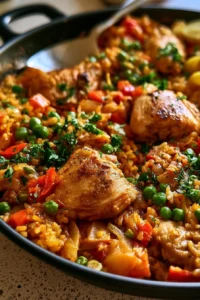 Delicious easy chicken paella garnished with fresh herbs and lemon slices