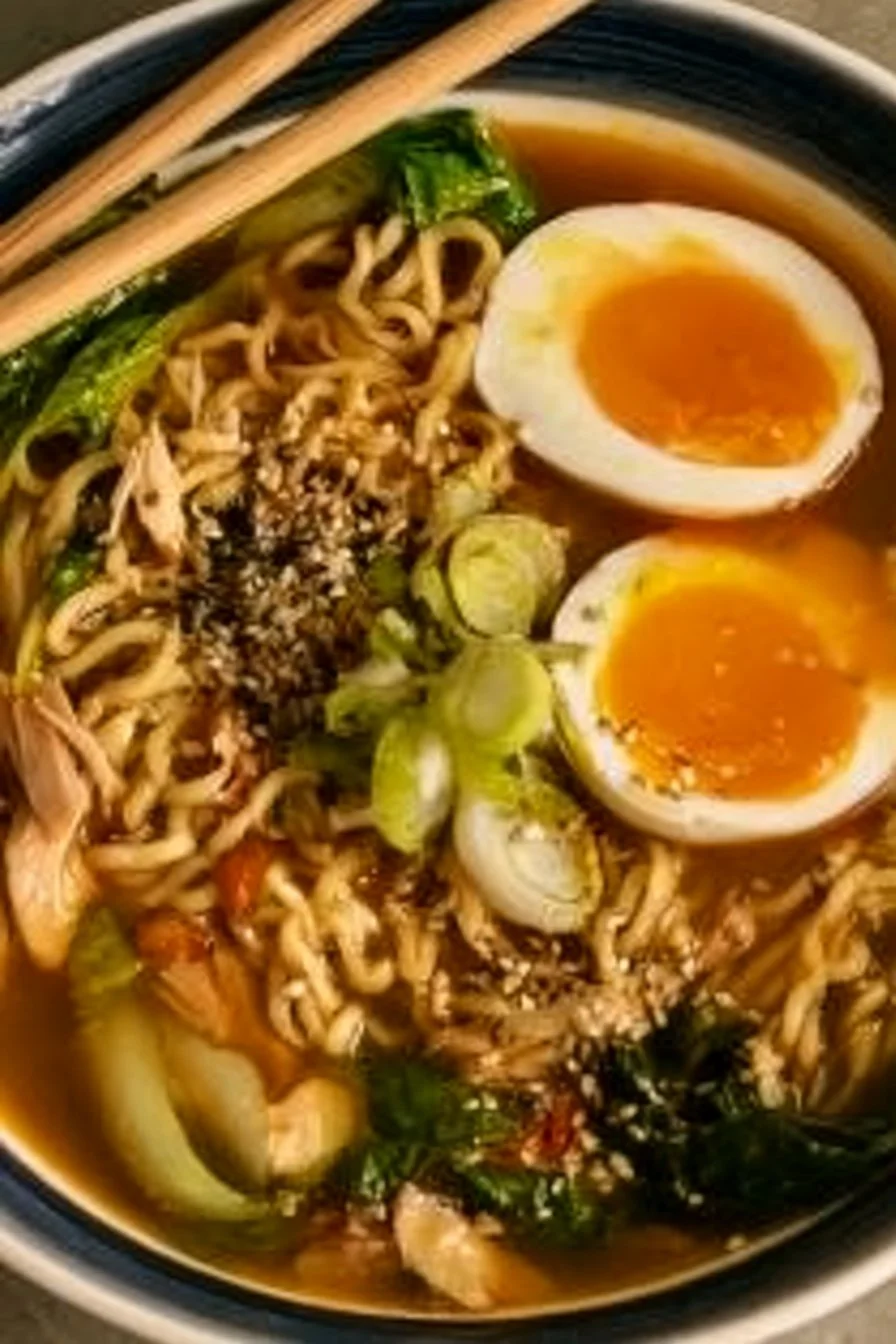 Bowl of easy homemade chicken ramen with vegetables and broth