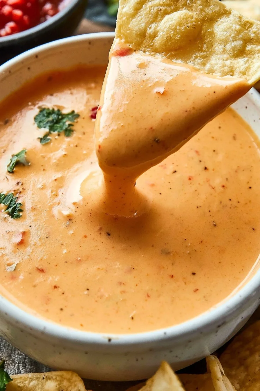 Easy copycat Chili's queso dip recipe with melted cheese and spices.