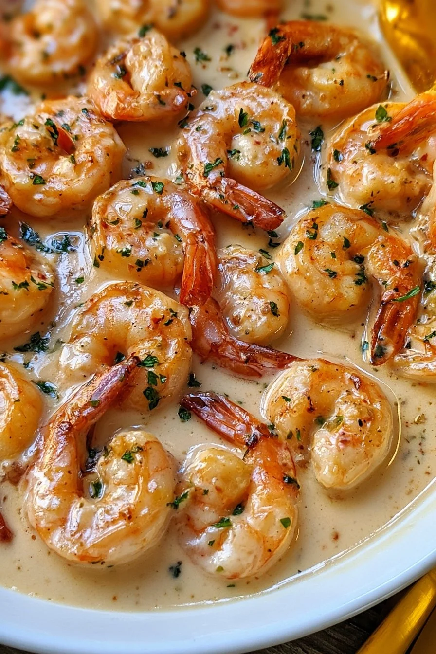 Plate of easy creamy garlic shrimp garnished with parsley