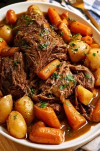 Delicious easy crock pot pot roast with gravy ready to serve