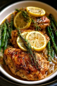Crockpot lemon garlic chicken served with fresh herbs and lemon slices