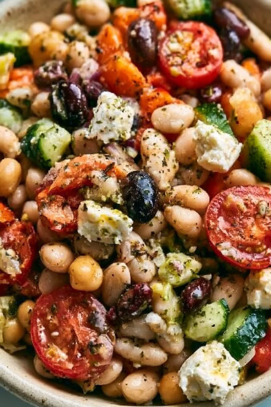 Easy Greek bean salad featuring marinated beans and fresh veggies