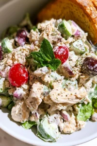 Creamy chicken salad with visible vegetable and fruit garnishes