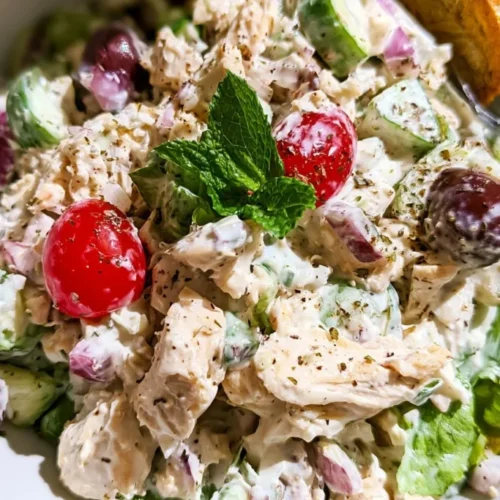 Creamy chicken salad with visible vegetable and fruit garnishes