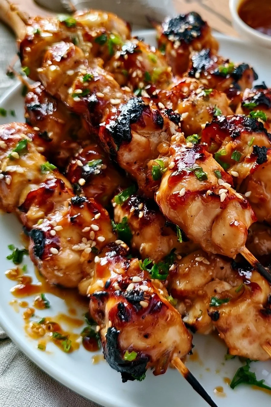 Easy grilled chicken skewers with honey garlic sauce served on a plate