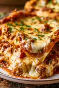 Delicious homemade lasagna with no boil noodles, served on a plate.