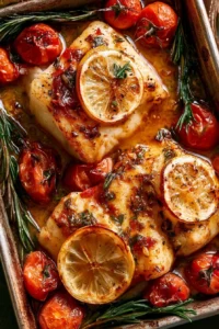 Plate of easy Mediterranean baked fish with vegetables and herbs