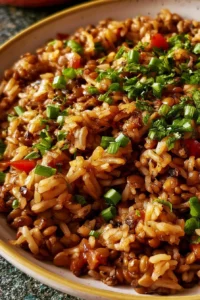 Bowl of Mediterranean lentils and rice served with fresh herbs and spices