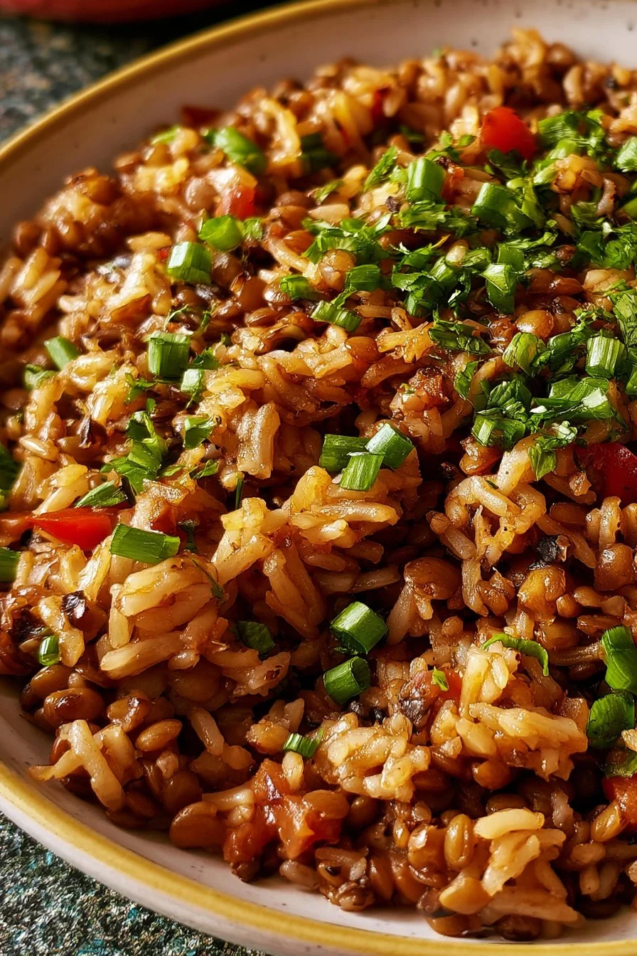 Bowl of Mediterranean lentils and rice served with fresh herbs and spices
