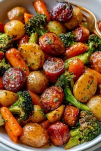 Sliced sausage with potatoes, broccoli, and carrots