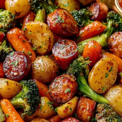 Sliced sausage with potatoes, broccoli, and carrots