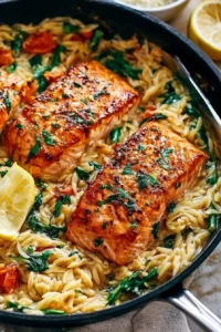 One-skillet salmon served with lemon orzo, garnished with fresh herbs.