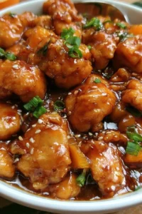 Delicious easy orange chicken served with rice and garnished with green onions.