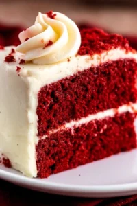 Delicious easy red velvet cake decorated with cream cheese frosting
