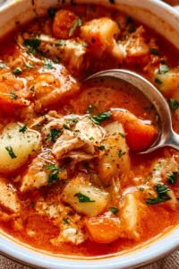 Bowl of easy slow cooker chicken stew with vegetables and herbs