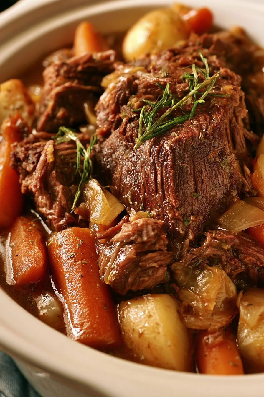 Delicious slow cooker pot roast with vegetables served in a rustic bowl