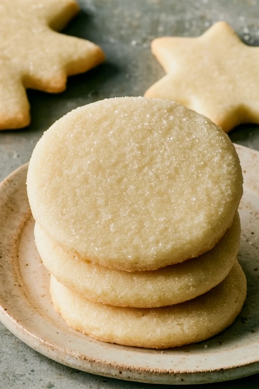 Plate of easy sugar cookies decorated with icing and sprinkles