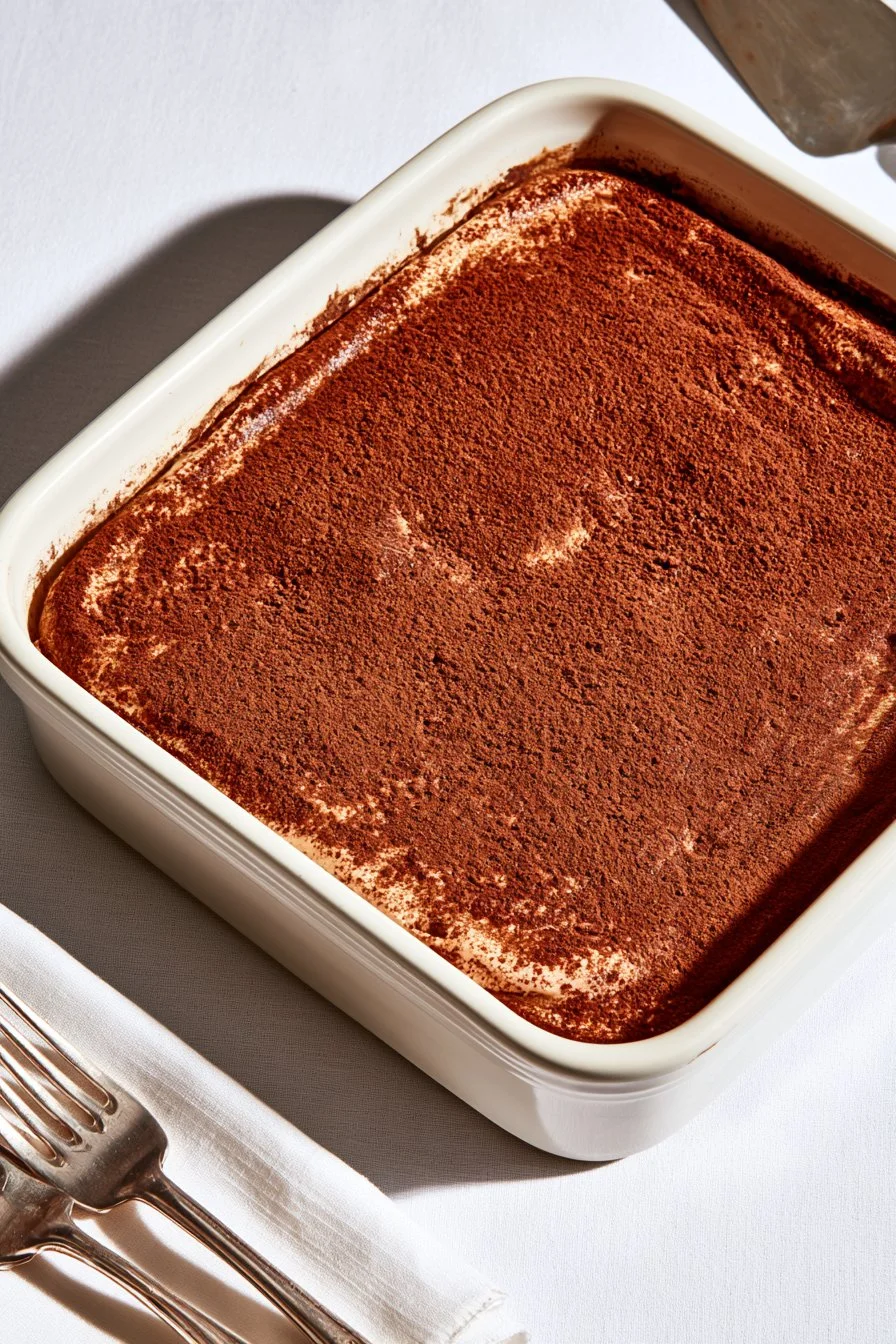 Easy homemade tiramisu dessert served on a plate with cocoa powder
