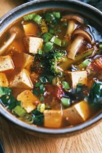 Bowl of easy tofu soup with fresh vegetables and herbs