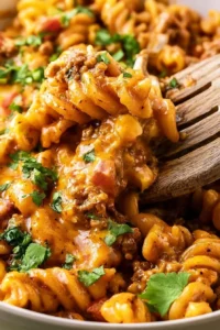 Delicious enchilada pasta served with toppings in a bowl