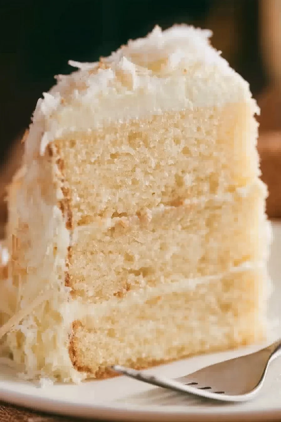 Extra moist sour cream coconut cream cake topped with coconut flakes.
