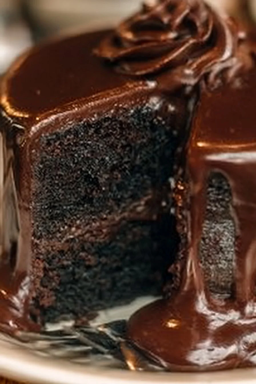 Delicious slice of Famous Brick Street Chocolate Cake with rich chocolate frosting