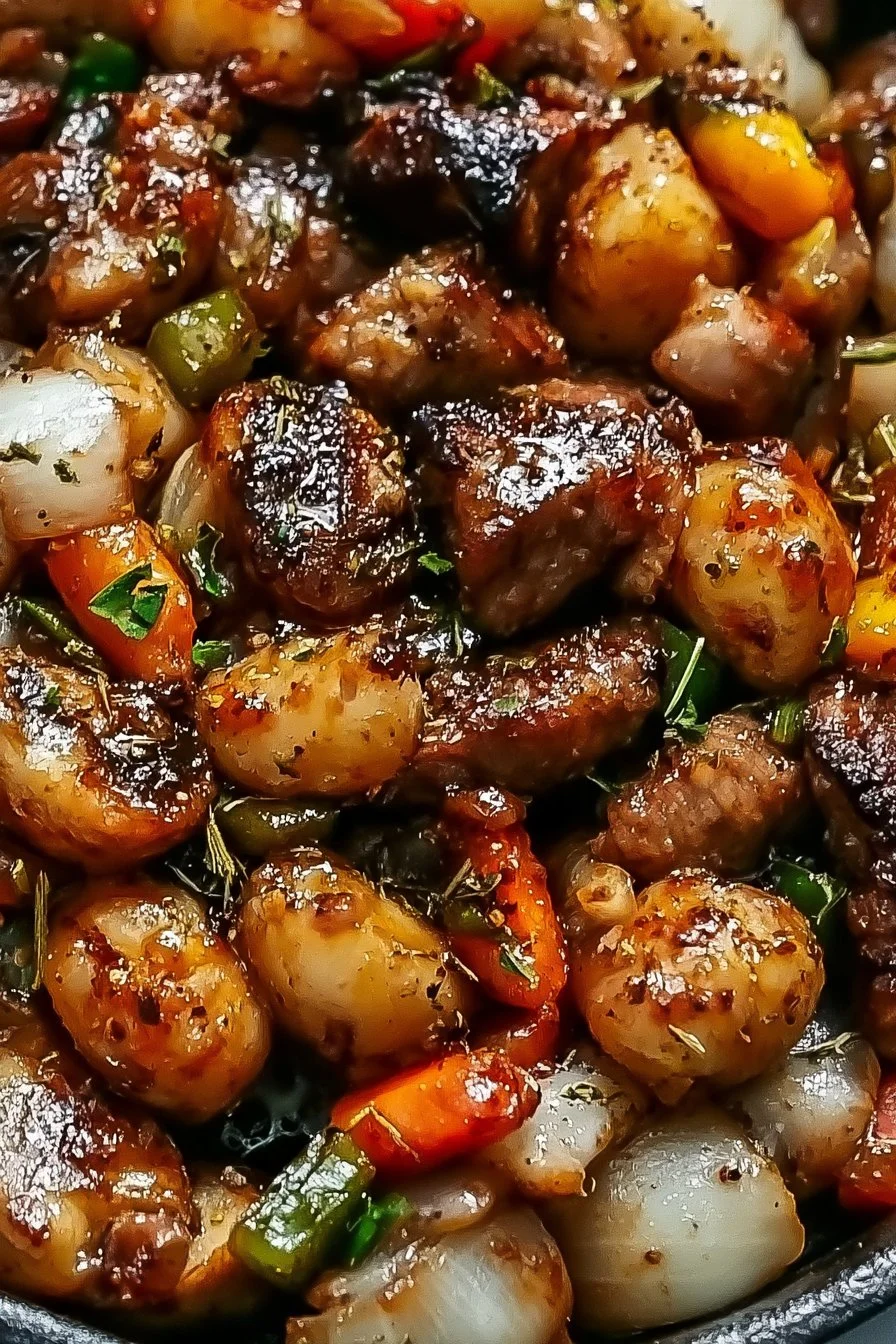 Flavorful cowboy stir fry cooked on a Blackstone grill with vibrant veggies.