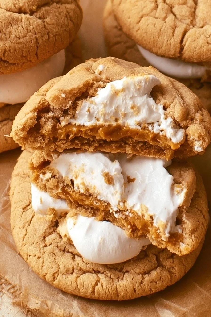 Decadent homemade Fluffernutter Cookies with peanut butter and marshmallow fluff.
