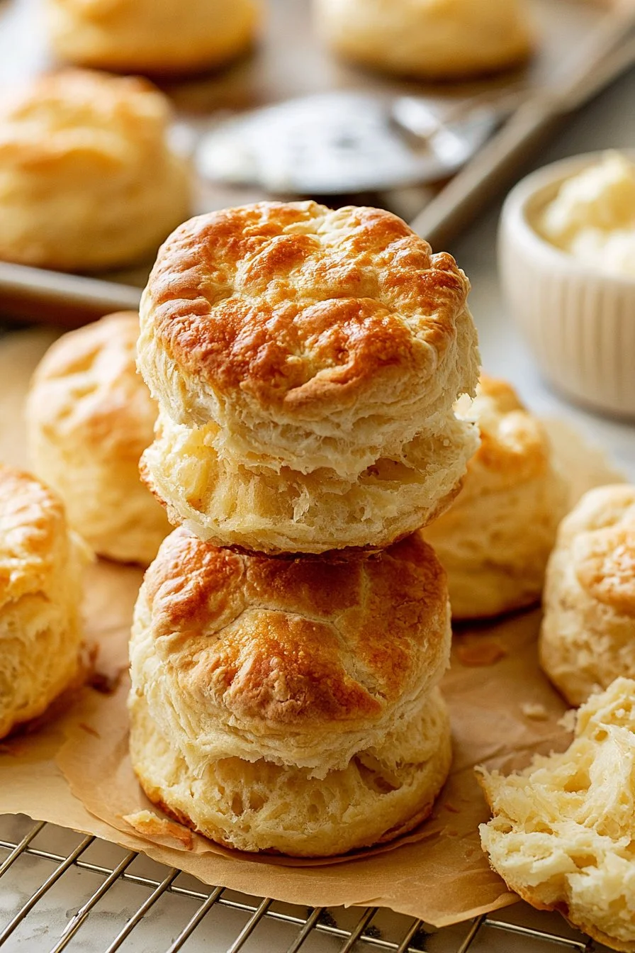 Fluffy Homemade Buttermilk Biscuits 4 Fluffy homemade biscuits fresh out of the oven, golden and warm.