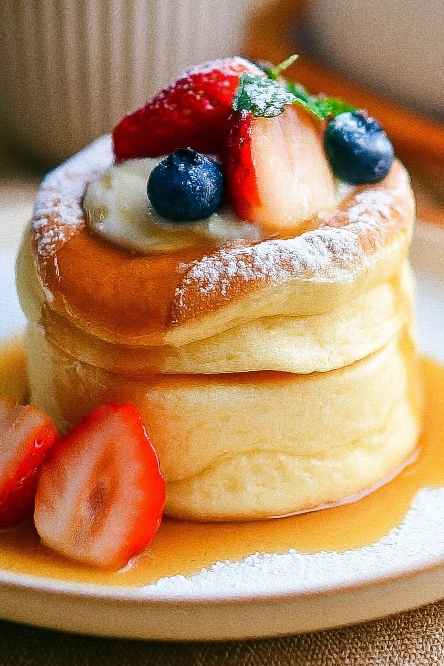Fluffy Japanese soufflé pancakes stacked on a plate with syrup and berries