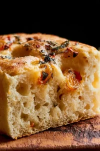 Freshly baked focaccia bread topped with herbs and olive oil