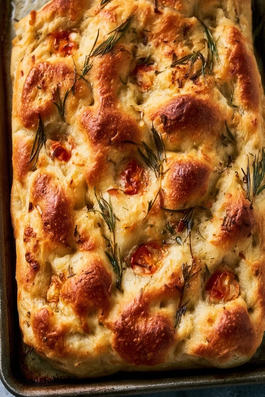 Homemade Focaccia bread topped with herbs and olive oil.