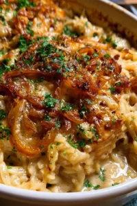 French Onion Chicken Orzo Casserole with melted cheese and golden onions