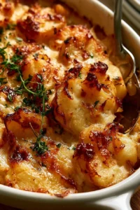 Delicious French Onion Potato Bake topped with gooey cheese and caramelized onions